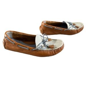 Cole Haan Gissella Brown and Cream driver Loafers with Bow Detail leather